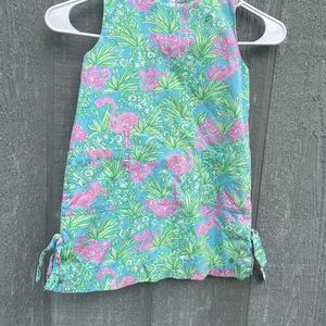 Lilly Pulitzer Girls Aqua Blue Pink Flamingo Shift Dress Sz 4